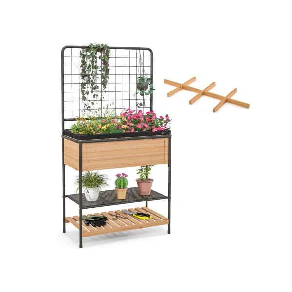 Jardinière Surélevé en Bois avec Treillis Étagère à 2 Niveaux Cadre en Métal Séparateur Amovible à 8 Grilles