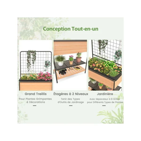 Jardinière Surélevé en Bois avec Treillis Étagère à 2 Niveaux Cadre en Métal Séparateur Amovible à 8 Grilles