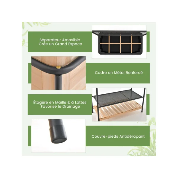 Jardinière Surélevé en Bois avec Treillis Étagère à 2 Niveaux Cadre en Métal Séparateur Amovible à 8 Grilles