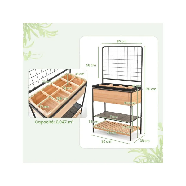 Jardinière Surélevé en Bois avec Treillis Étagère à 2 Niveaux Cadre en Métal Séparateur Amovible à 8 Grilles