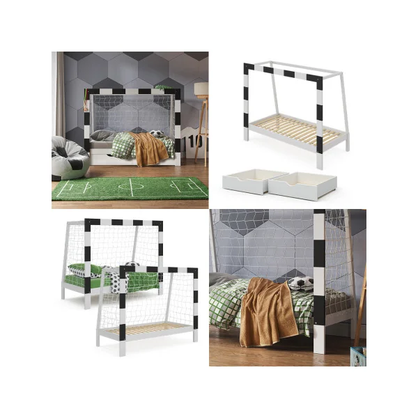 Lit Enfant 80x160 Cage de Foot avec 2 Tiroirs Lit Pour Enfant But de Football Pin Massif