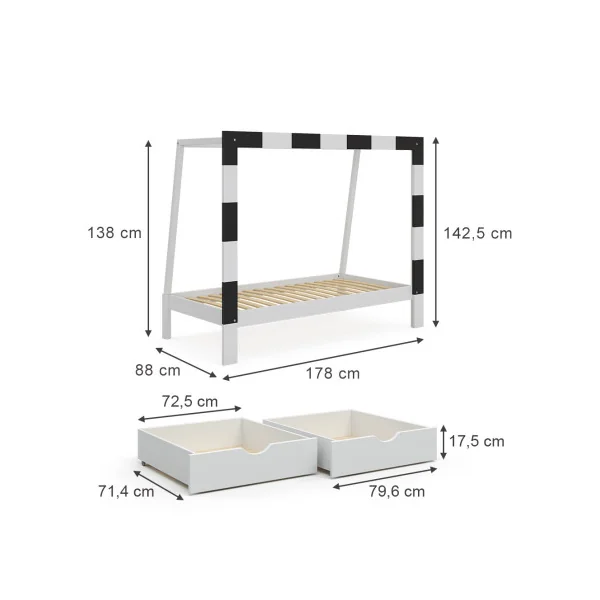 Lit Enfant 80x160 Cage de Foot avec 2 Tiroirs Lit Pour Enfant But de Football Pin Massif