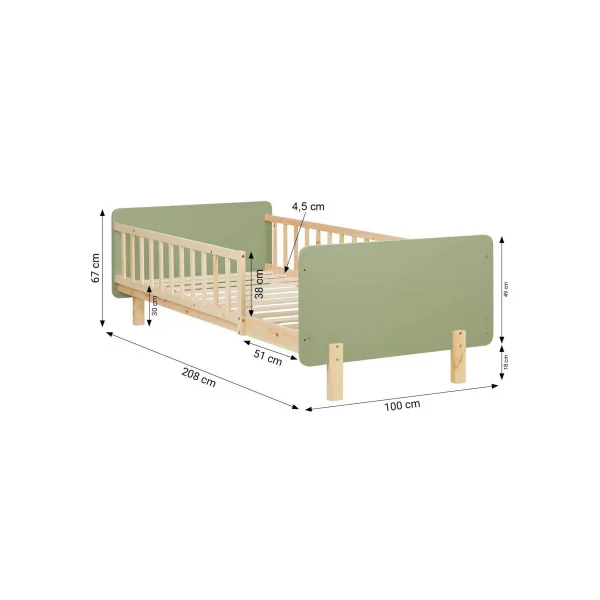 Lit Enfant 90x200 cm en Pin Massif Vert Lit avec Sommier Cadre de Lit avec Sommier