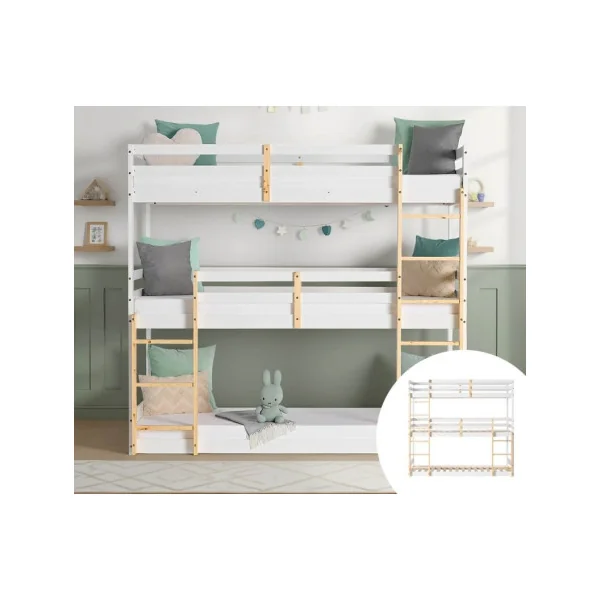 Lit Enfant Superposé Triple 90x200 cm Lit Enfant avec Sommier Bois Massif de Pin et Blanc