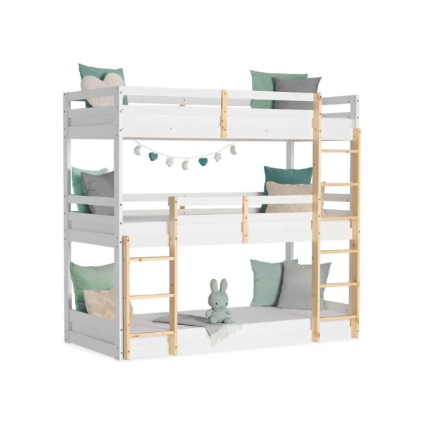 Lit Enfant Superposé Triple 90x200 cm Lit Enfant avec Sommier Bois Massif de Pin et Blanc
