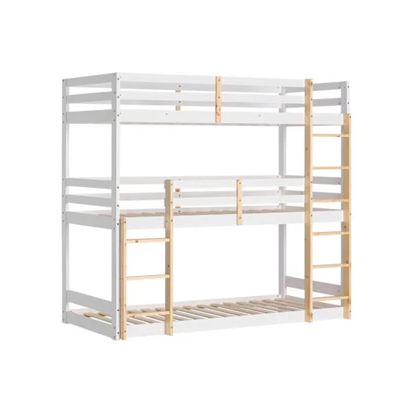 Lit Enfant Superposé Triple 90x200 cm Lit Enfant avec Sommier Bois Massif de Pin et Blanc