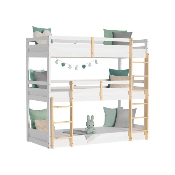 Lit Enfant Superposé Triple 90x200 cm Lit Enfant avec Sommier Bois Massif de Pin et Blanc