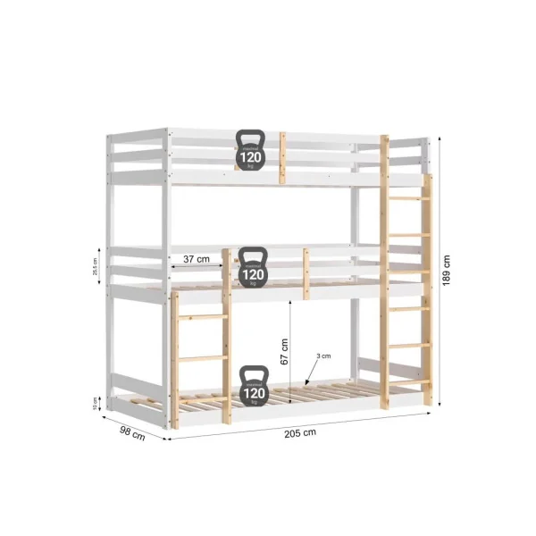 Lit Enfant Superposé Triple 90x200 cm Lit Enfant avec Sommier Bois Massif de Pin et Blanc