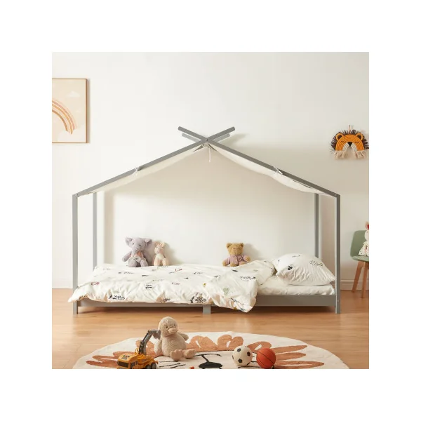 Lit Montessori Enfant 90x200 cm Gris Pin Massif Lit Cabane Lit Maison avec Sommier