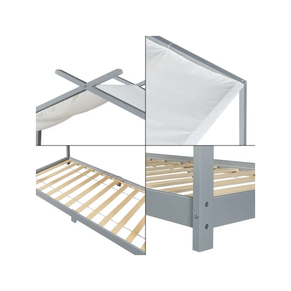Lit Montessori Enfant 90x200 cm Gris Pin Massif Lit Cabane Lit Maison avec Sommier