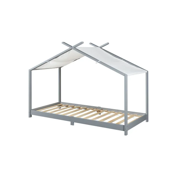 Lit Montessori Enfant 90x200 cm Gris Pin Massif Lit Cabane Lit Maison avec Sommier