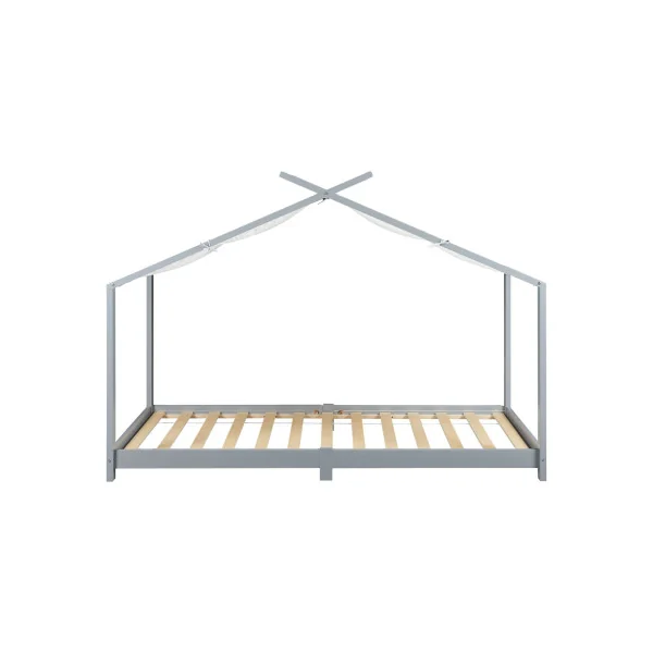 Lit Montessori Enfant 90x200 cm Gris Pin Massif Lit Cabane Lit Maison avec Sommier