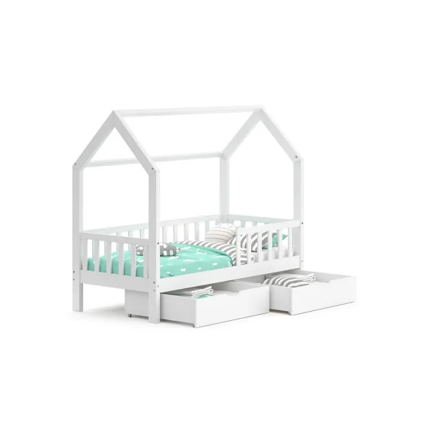 Lit Montessori Lit Enfant 80x160 cm Blanc avec 2 Tiroirs Rangement Lit Maison avec Barrières Lit Cabane