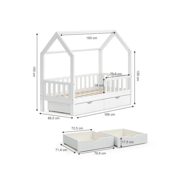 Lit Montessori Lit Enfant 80x160 cm Blanc avec 2 Tiroirs Rangement Lit Maison avec Barrières Lit Cabane