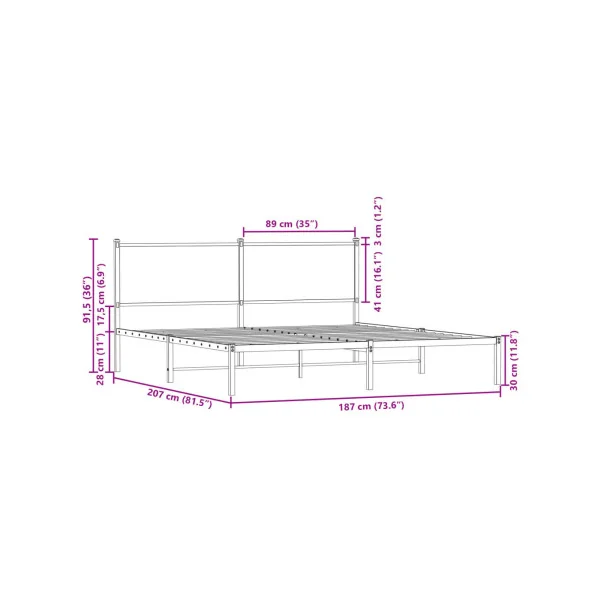 Lit Métallique et Chêne 180x200 cm Cadre de Lit avec Sommier Lit Adulte