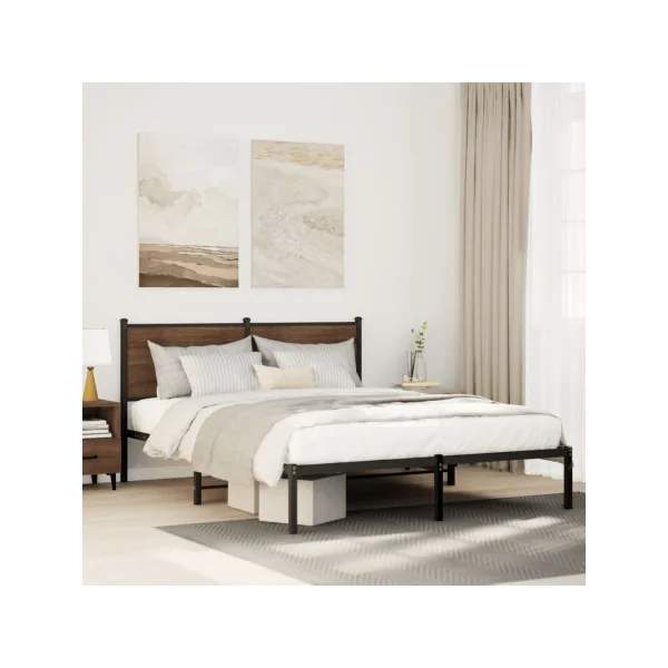Lit Métallique et Chêne Fumé 140x200 cm Cadre de Lit avec Sommier Lit Adulte