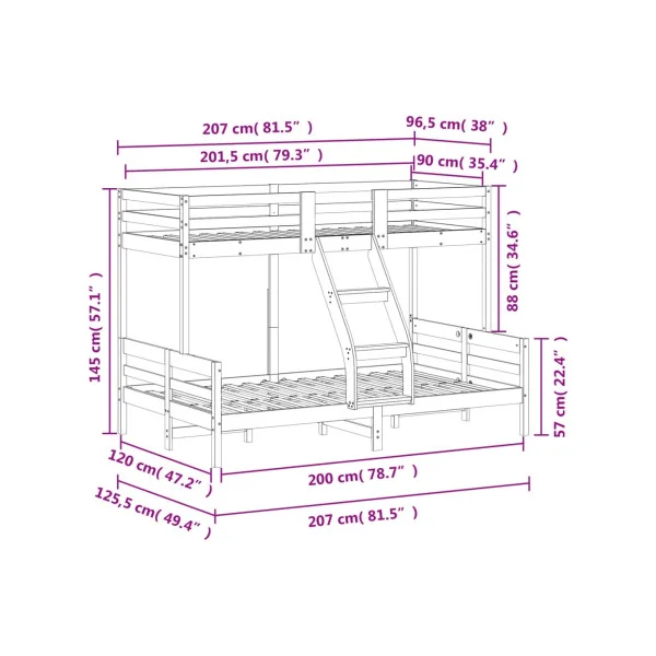 Lit Superposé 120x200 cm + 90x200 cm Bois Massif Pin Lit Enfant Lit Ados