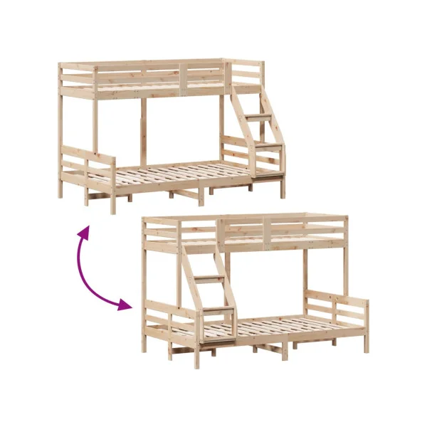 Lit Superposé 120x200 cm et 90x200 cm Bois Massif Pin Lit Enfant Lit Ados