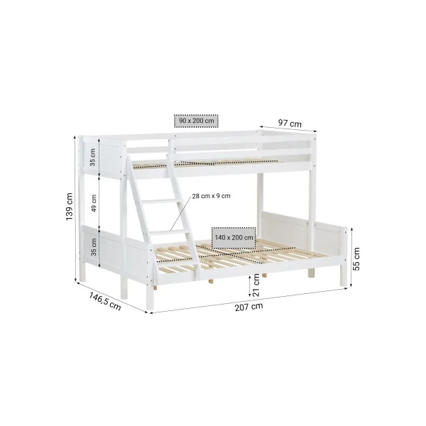 Lit Superposé 140x200 cm et 90x200 cm Bois Massif Pin Blanc Lit Enfant Lit Ados