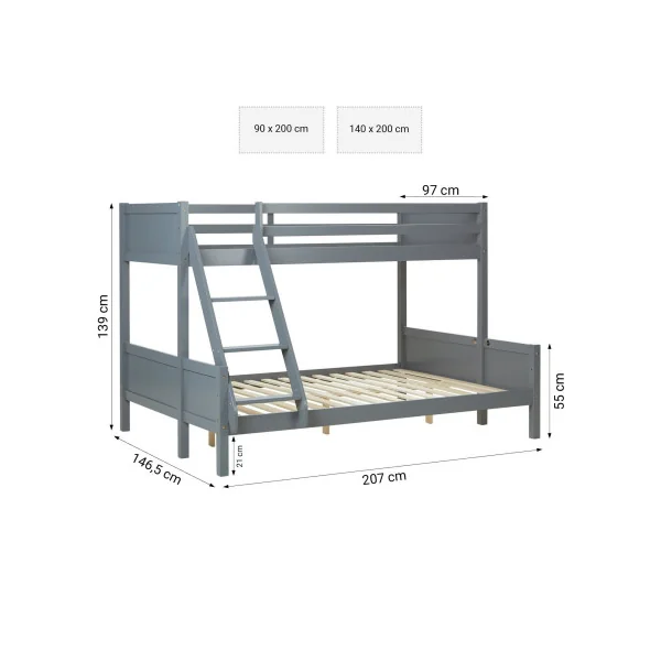 Lit Superposé 140x200 cm et 90x200 cm Bois Massif Pin Gris Lit Enfant Lit Ados