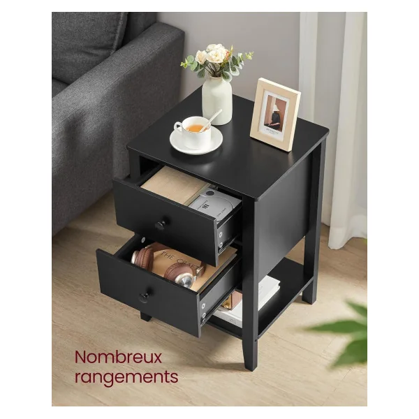 Lot 2 Tables de Chevet Noir d'Encre Table de Nuit Tendance 2 Tiroirs et Rangement