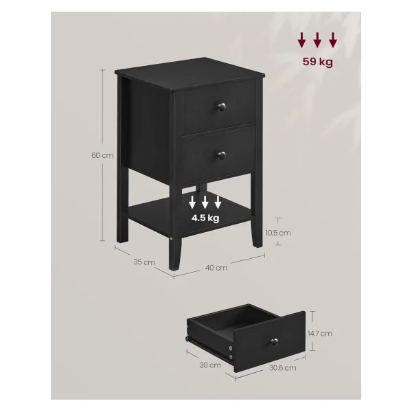 Lot 2 Tables de Chevet Noir d'Encre Table de Nuit Tendance 2 Tiroirs et Rangement