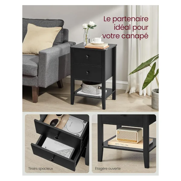 Lot 2 Tables de Chevet Noir d'Encre Table de Nuit Tendance 2 Tiroirs et Rangement