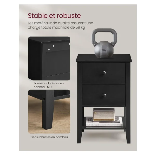 Lot 2 Tables de Chevet Noir d'Encre Table de Nuit Tendance 2 Tiroirs et Rangement