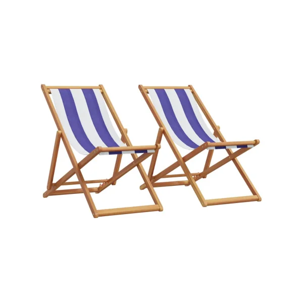(LOT DE 2) Chaise Longue Relax Bleu et Blanc en Eucalyptus Massif Bain de Soleil Transat Jardin Plage Terrasse Balcon