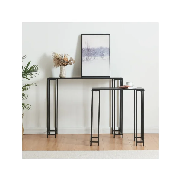 (LOT DE 2) Console Noir en Métal Plateau Bois Console d'Entrée Acier Meuble Salon