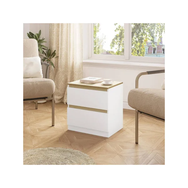 Lot de 2 de Chevet avec 2 Tiroirs Blanc et Chêne Table de Nuit Chevet de Lit