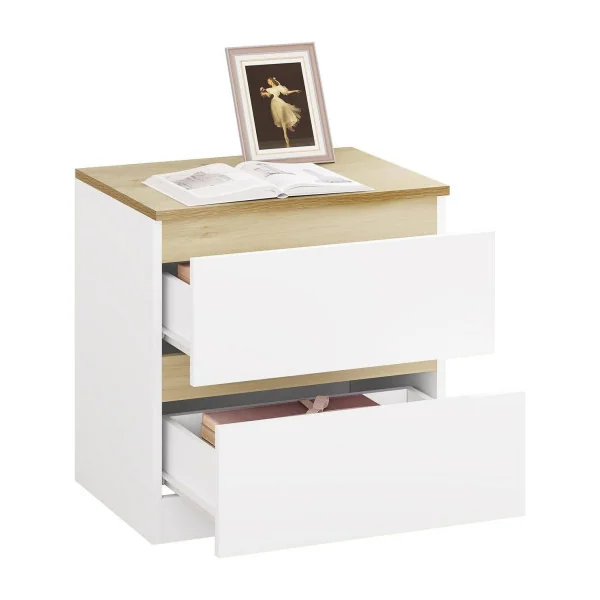 Lot de 2 de Chevet avec 2 Tiroirs Blanc et Chêne Table de Nuit Chevet de Lit