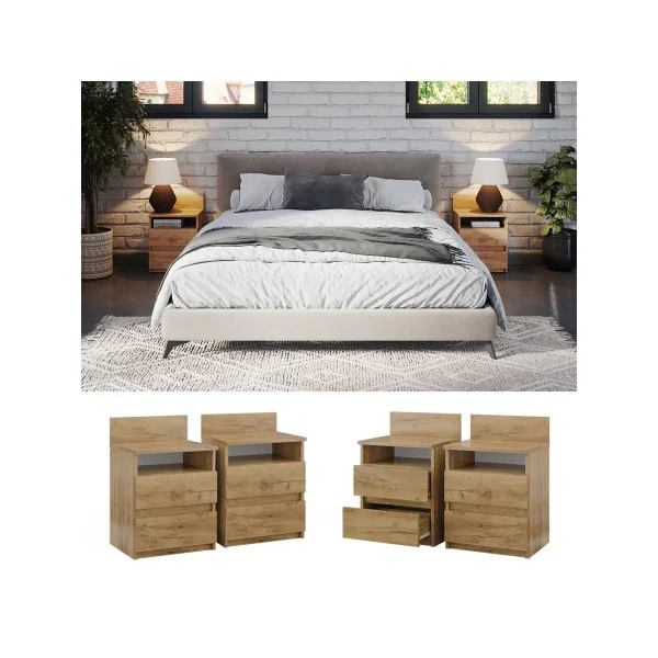 (Lot de 2) Table Chevet Chêne 2 Tiroirs Table de Nuit Moderne Chevet Chambre en Bois