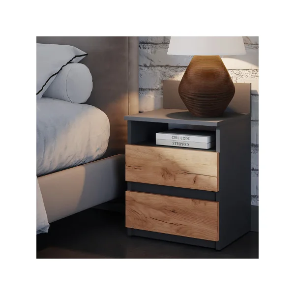 (Lot de 2) Table Chevet Chêne et Anthracite 2 Tiroirs Table de Nuit Moderne Chevet Chambre en Bois