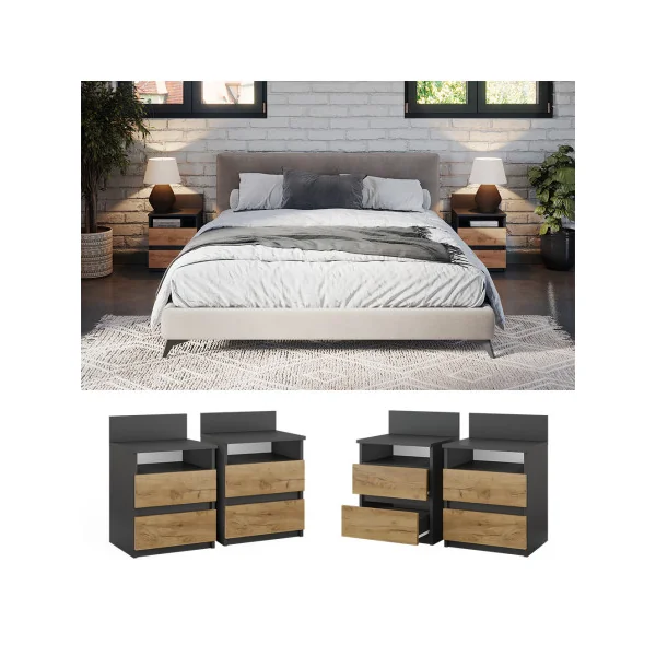 (Lot de 2) Table Chevet Chêne et Anthracite 2 Tiroirs Table de Nuit Moderne Chevet Chambre en Bois