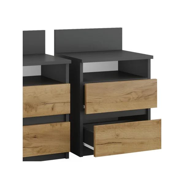 (Lot de 2) Table Chevet Chêne et Anthracite 2 Tiroirs Table de Nuit Moderne Chevet Chambre en Bois