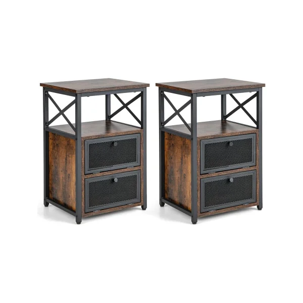(Lot de 2) Table Chevet Industriel Brun Noir Table de Nuit Industrielle Chevet Chambre Métal