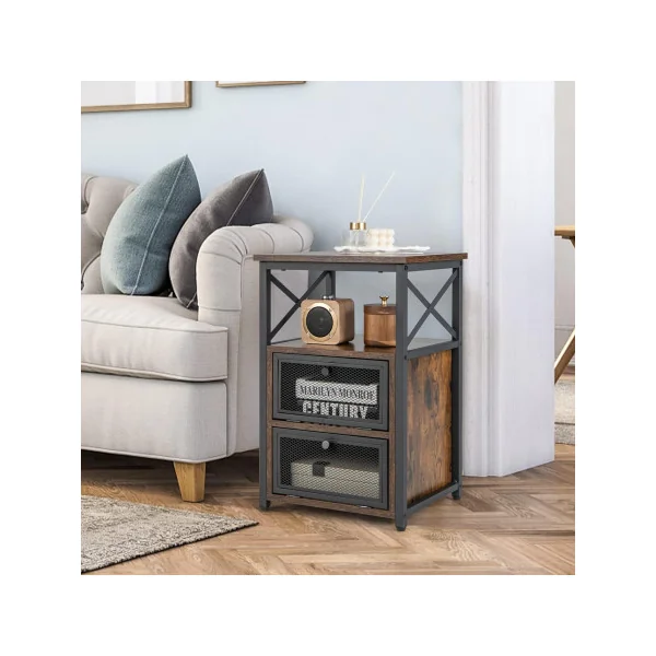 (Lot de 2) Table Chevet Industriel Brun Noir Table de Nuit Industrielle Chevet Chambre Métal