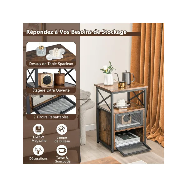 (Lot de 2) Table Chevet Industriel Brun Noir Table de Nuit Industrielle Chevet Chambre Métal
