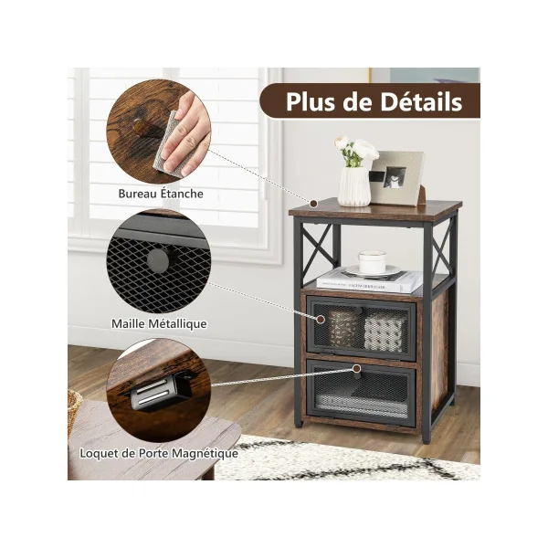 (Lot de 2) Table Chevet Industriel Brun Noir Table de Nuit Industrielle Chevet Chambre Métal