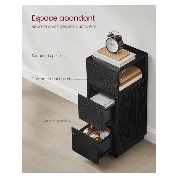 (Lot de 2) Table de chevet Noir 2 Tiroirs 1 Compartiment Ouvert Table de Nuit Haute