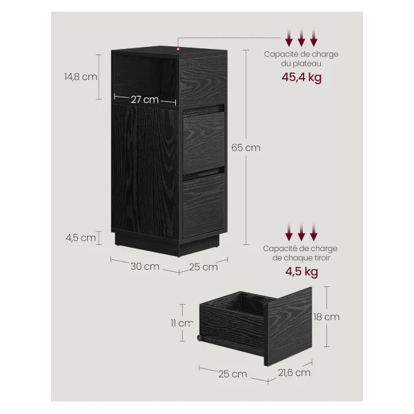 (Lot de 2) Table de chevet Noir 2 Tiroirs 1 Compartiment Ouvert Table de Nuit Haute