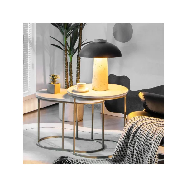 Lot de 2 Tables Basses Gigognes Doré et Blanc Marbré Table d'Appoint Moderne Structure Métal