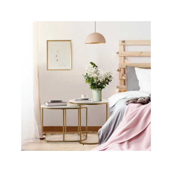Lot de 2 Tables Basses Gigognes Doré et Blanc Marbré Table d'Appoint Moderne Structure Métal
