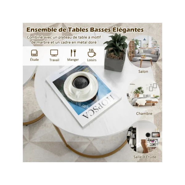 Lot de 2 Tables Basses Gigognes Doré et Blanc Marbré Table d'Appoint Moderne Structure Métal