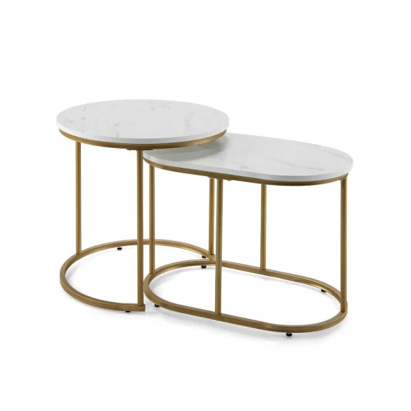 Lot de 2 Tables Basses Gigognes Doré et Blanc Marbré Table d'Appoint Moderne Structure Métal