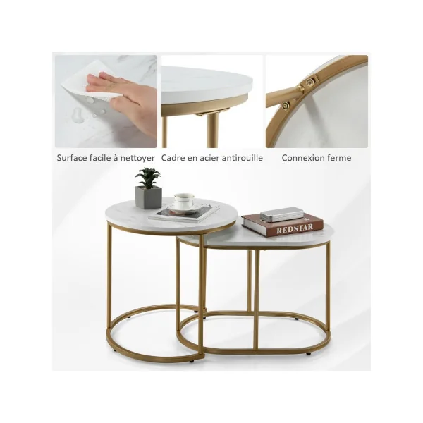 Lot de 2 Tables Basses Gigognes Doré et Blanc Marbré Table d'Appoint Moderne Structure Métal