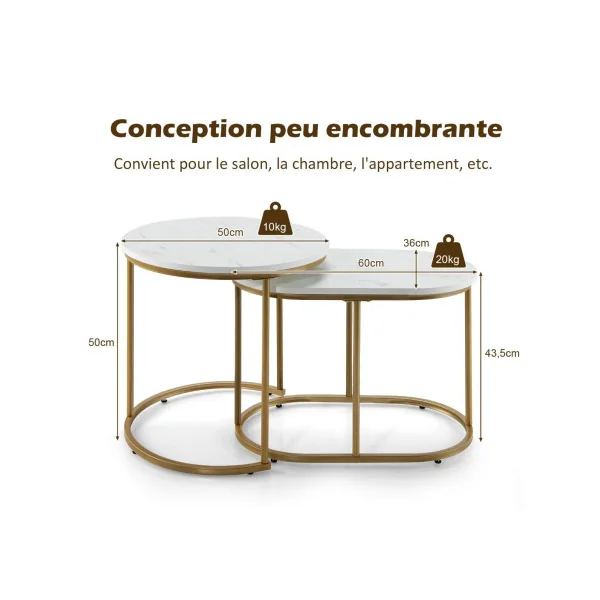 Lot de 2 Tables Basses Gigognes Doré et Blanc Marbré Table d'Appoint Moderne Structure Métal