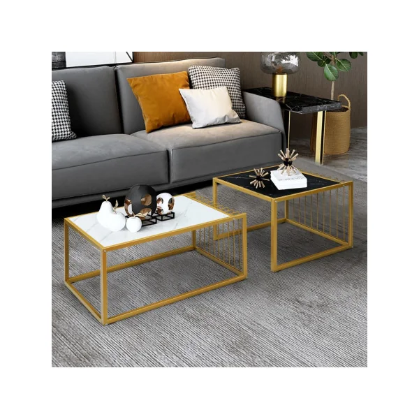 Lot de 2 Tables Basses Gigognes Surface Blanche et Noir Marbre Artificiel Réaliste Moderne Structure en Métal Doré