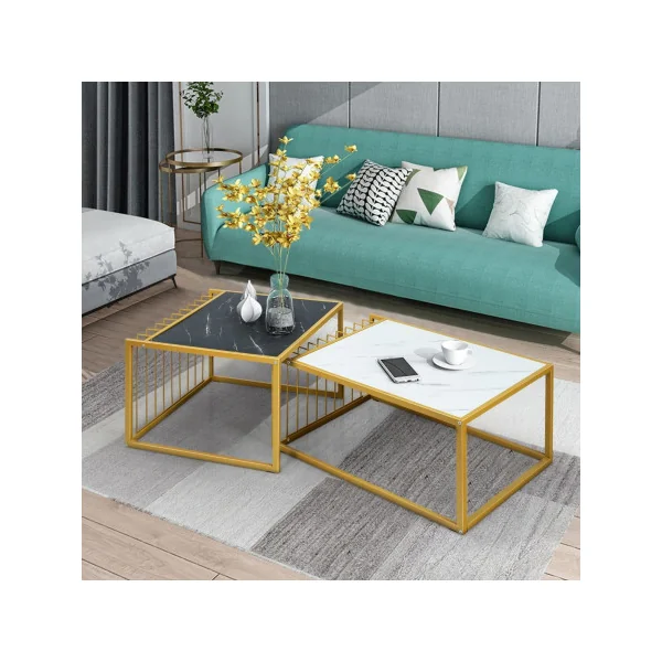 Lot de 2 Tables Basses Gigognes Surface Blanche et Noir Marbre Artificiel Réaliste Moderne Structure en Métal Doré